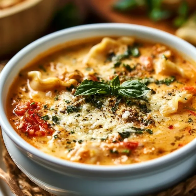 A bowl of creamy Italian lasagna soup garnished with herbs and cheese.