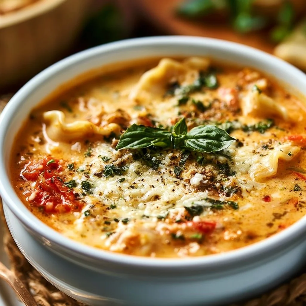A bowl of creamy Italian lasagna soup garnished with herbs and cheese.