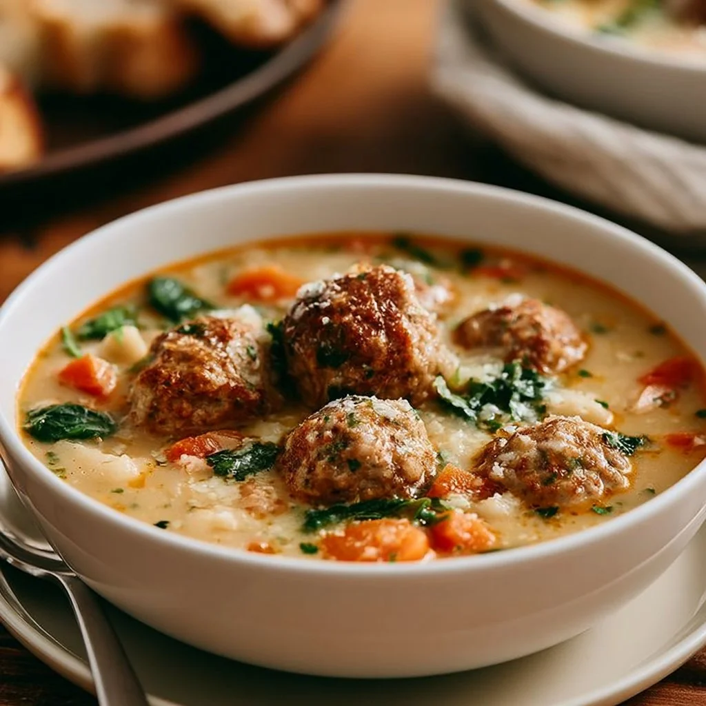 Bowl of creamy Italian meatball soup garnished with herbs and parmesan cheese.