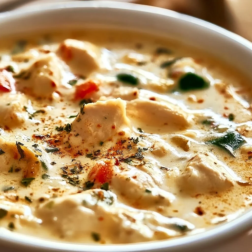 Bowl of creamy Marry Me Chicken soup with herbs and crusty bread