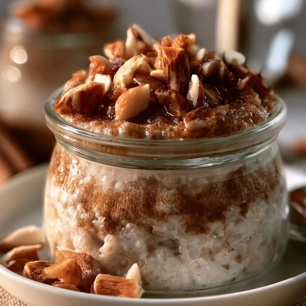 Creamy overnight oats with brown sugar, cinnamon, and toasted almonds in a bowl.