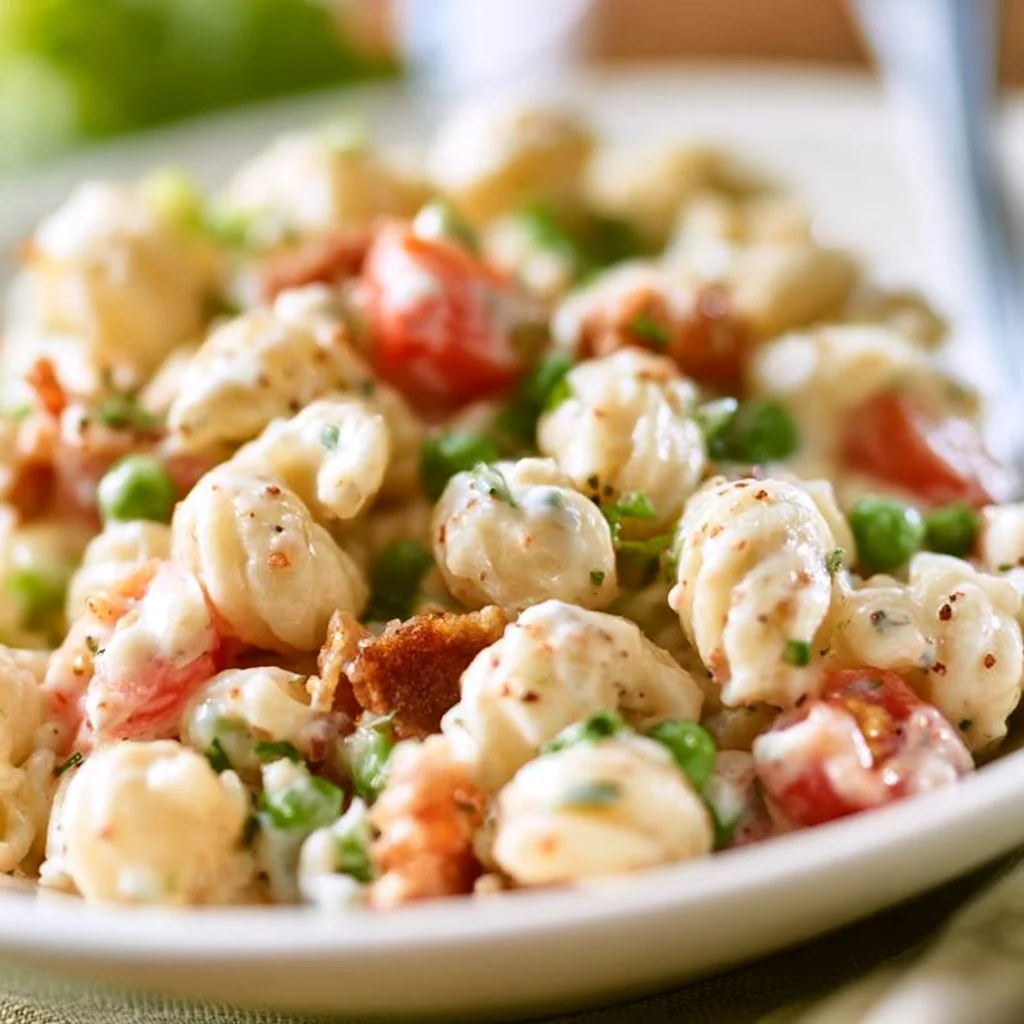 Bowl of creamy pasta salad with colorful vegetables and dressing