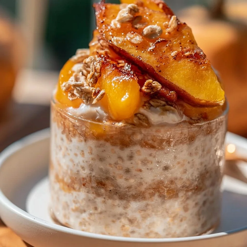 Creamy peach cobbler overnight oats served in a bowl with fresh peaches