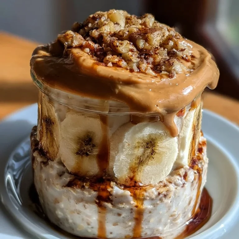 Creamy peanut butter banana overnight oats in a breakfast bowl