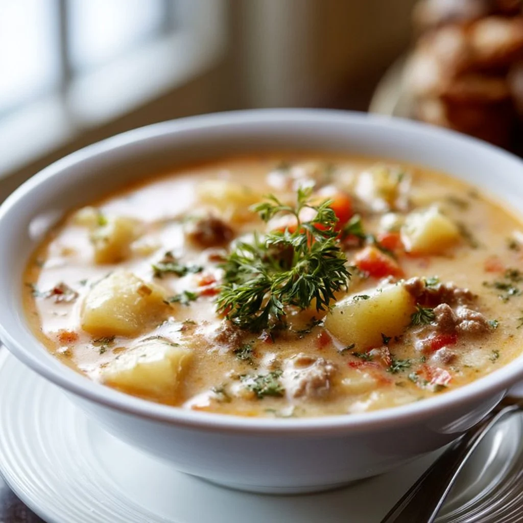 Bowl of creamy potato hamburger soup made in a crockpot