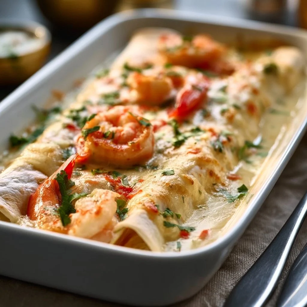 Creamy shrimp enchiladas served with a flavorful sauce
