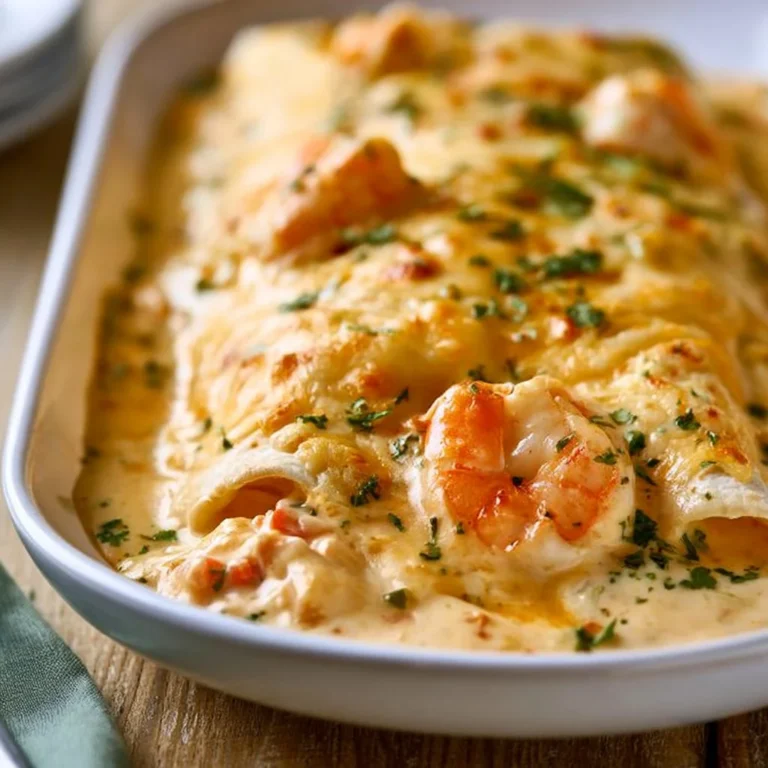Plate of creamy shrimp enchiladas topped with sauce and fresh cilantro