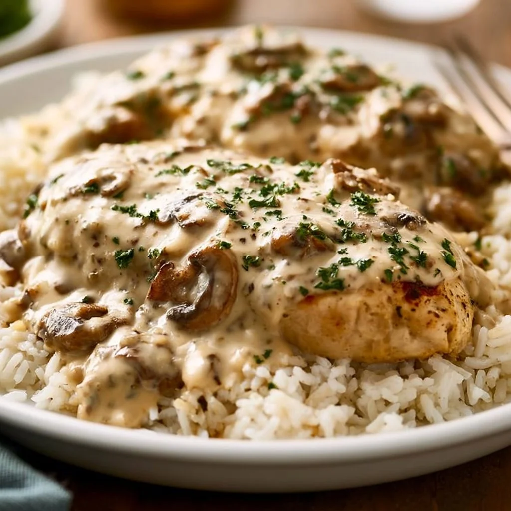 Creamy smothered chicken served with rice on a plate