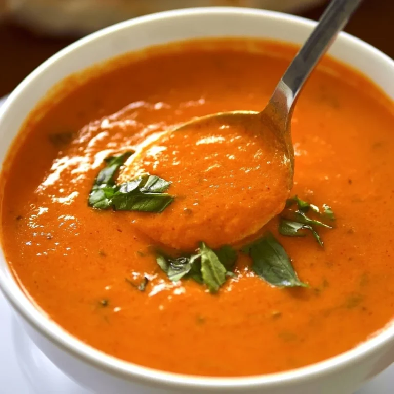 Bowl of creamy tomato basil soup topped with fresh basil leaves