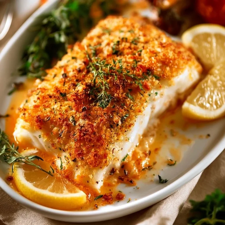 Crispy baked cod fillets served with lemon and herbs on a plate