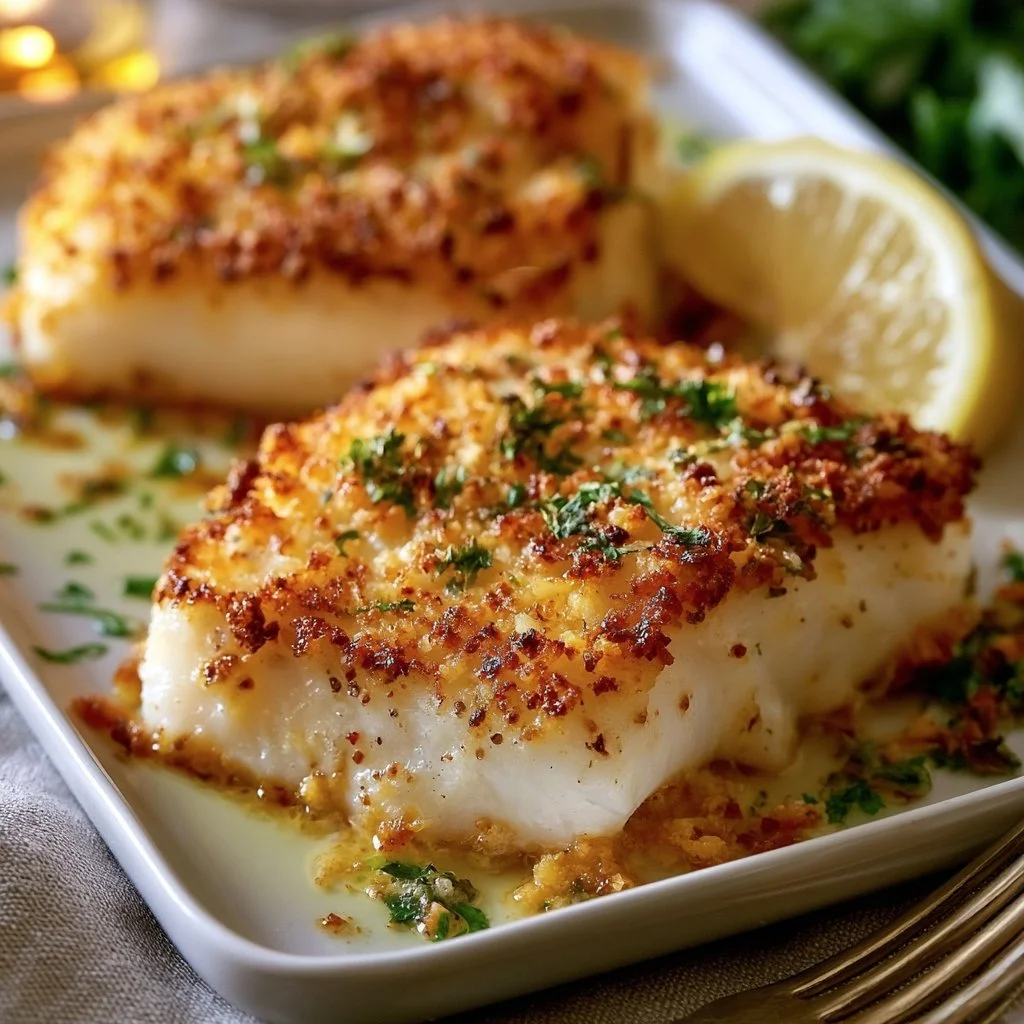 Crispy Baked Cod Delight served with lemon and herbs