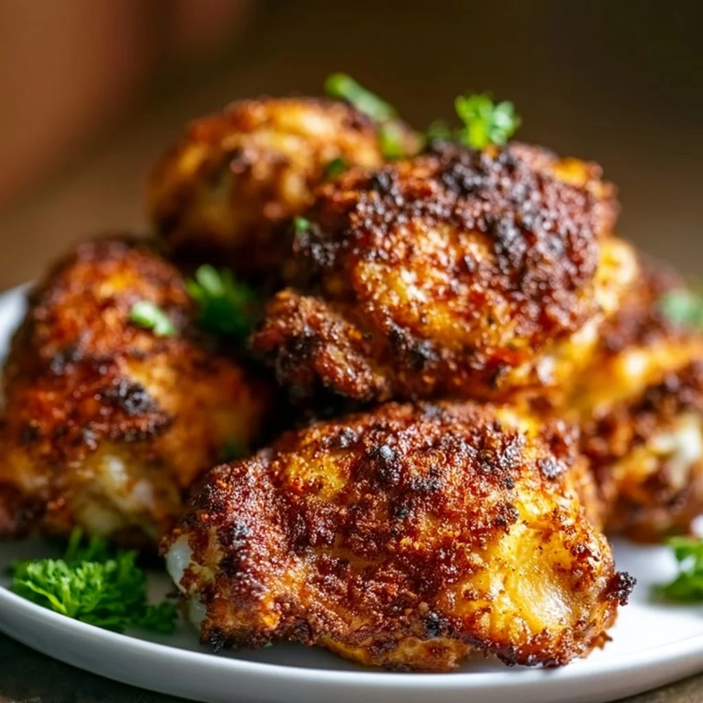 Crispy chicken thigh cooked in an air fryer, golden brown and delicious