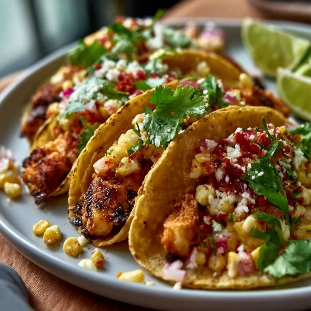Delicious crispy street corn chicken tacos served with fresh toppings.