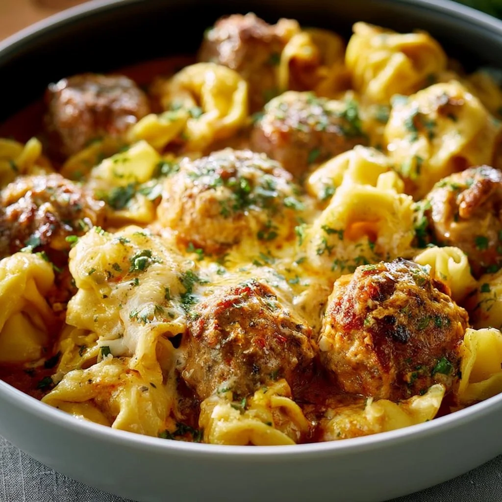 Crock pot meatballs and tortellini served in a bowl