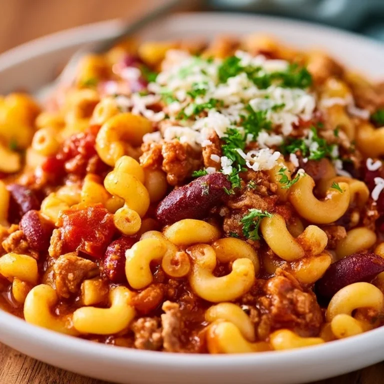 Crockpot Chili Mac served in a bowl with cheese and herbs