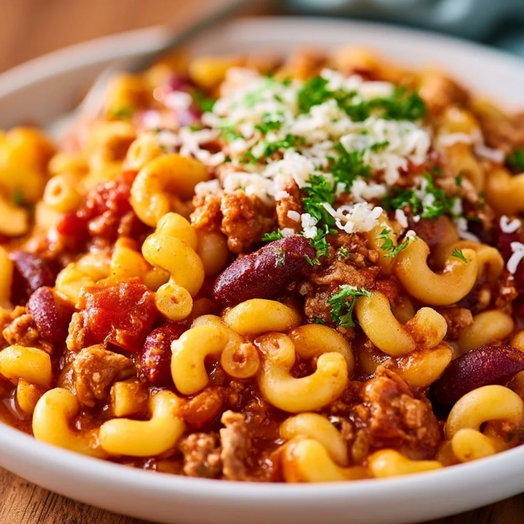 Crockpot Chili Mac served in a bowl with cheese and herbs