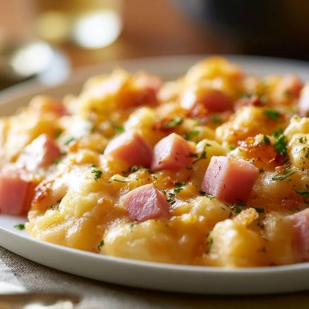 Delicious Crockpot Ham and Potato Casserole topped with cheese