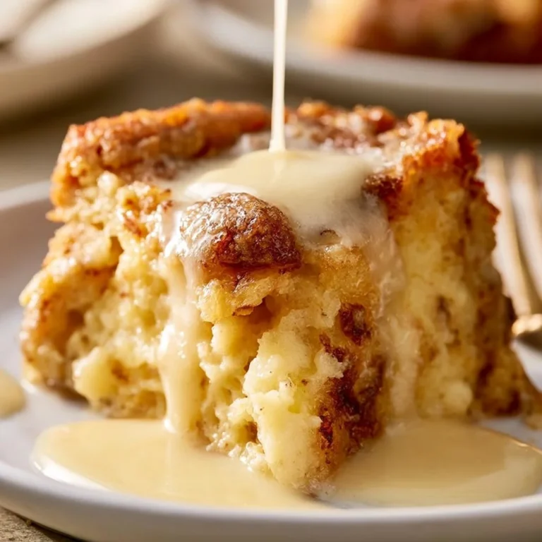 Delicious custard bread pudding served with creamy vanilla sauce