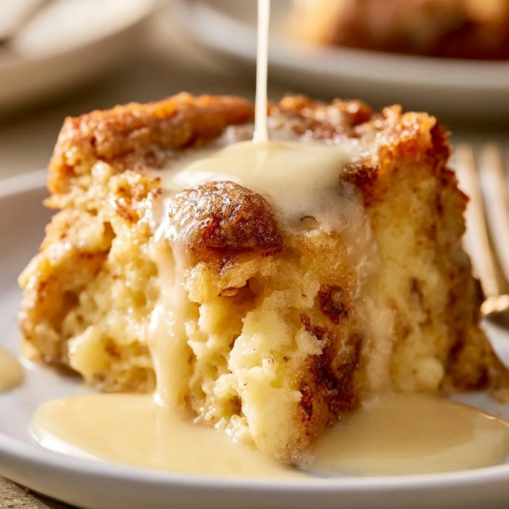 Delicious custard bread pudding served with creamy vanilla sauce