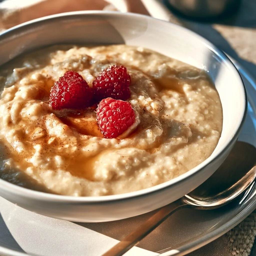 A bowl of creamy custard oatmeal topped with fruits and nuts