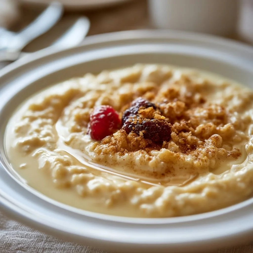 Creamy custard oatmeal topped with fruit and nuts in a bowl