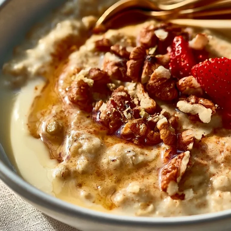 Bowl of creamy custard oatmeal topped with fruits and nuts.