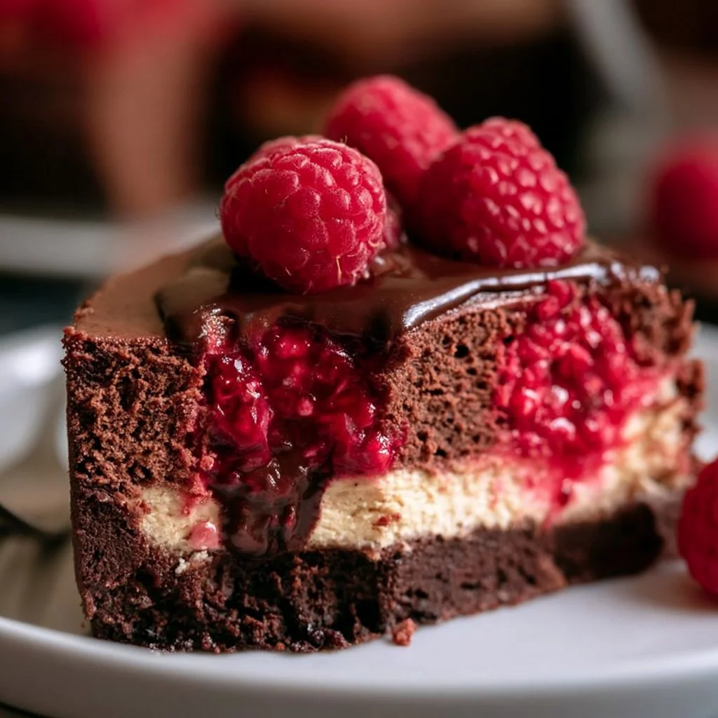 Delicious dark chocolate raspberry cheesecake slice topped with fresh raspberries.
