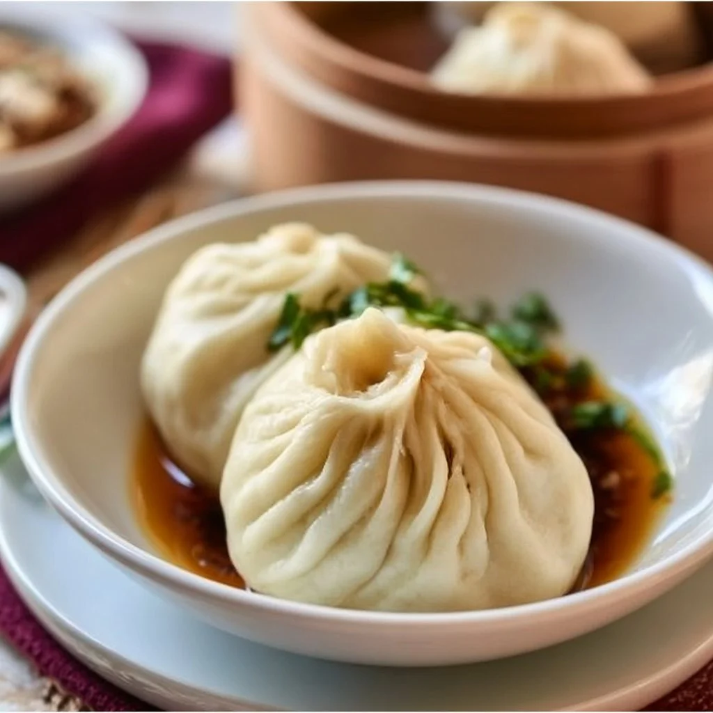 Delicious Shanghai Soup Dumplings (Xiao Long Bao) served in bamboo steamer