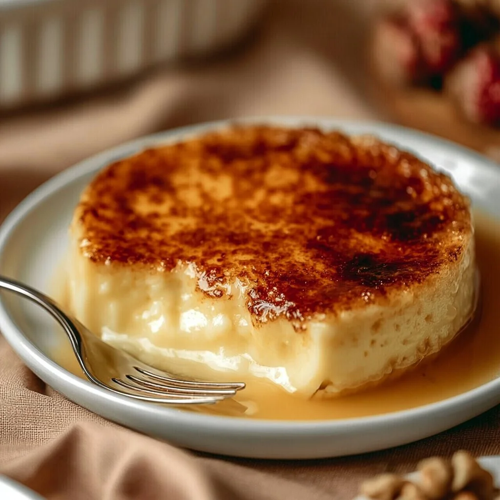 A bowl of warm baked custard topped with caramelized sugar and a sprinkle of nutmeg.