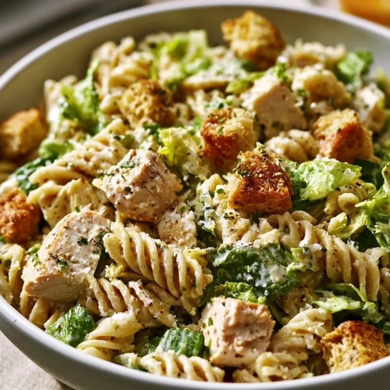 Bowl of Easy Chicken Caesar Pasta Salad with grilled chicken and Caesar dressing