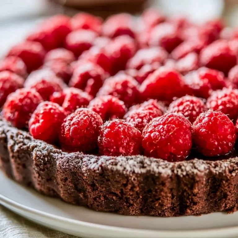 Easy chocolate raspberry tart topped with fresh raspberries and chocolate glaze