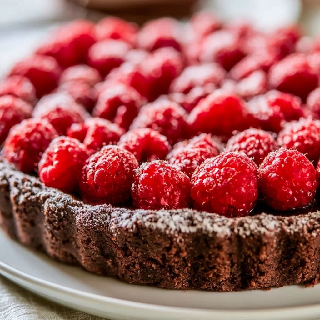 Easy chocolate raspberry tart topped with fresh raspberries and chocolate glaze