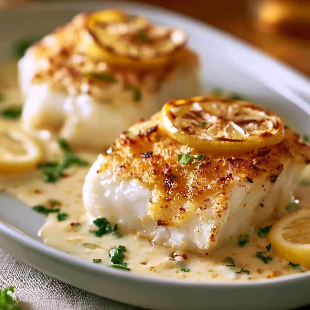 Baked cod fillets topped with coconut lemon cream sauce on a plate