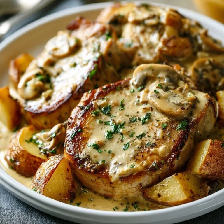 Creamy garlic pork chops served with potatoes on a dinner plate