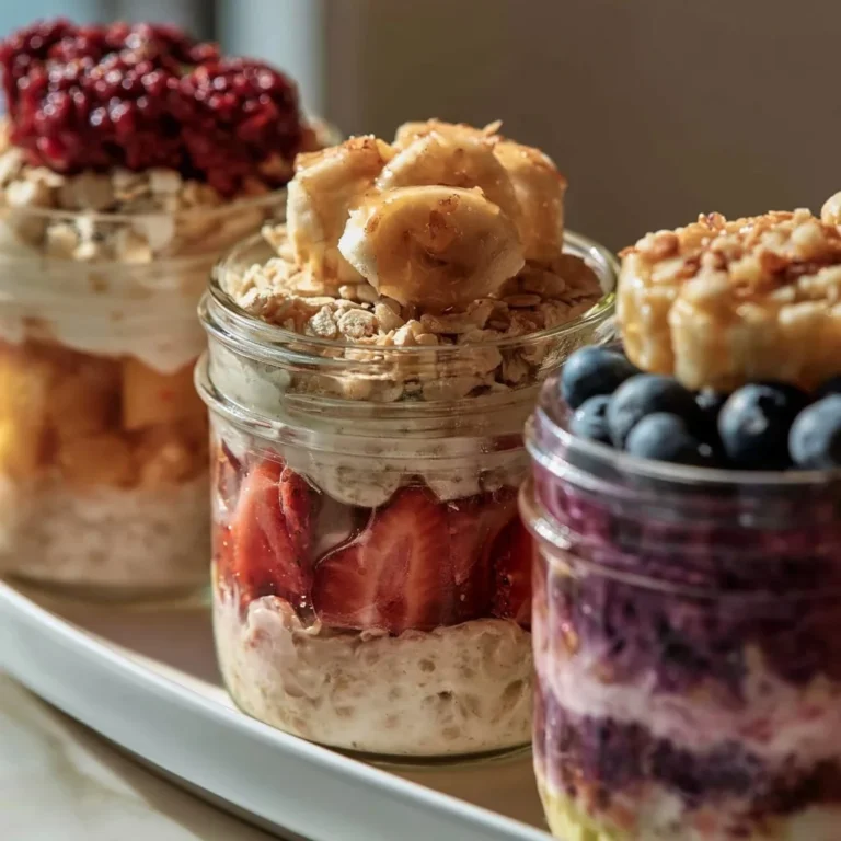 Bowl of creamy overnight oats topped with fruits and nuts for breakfast