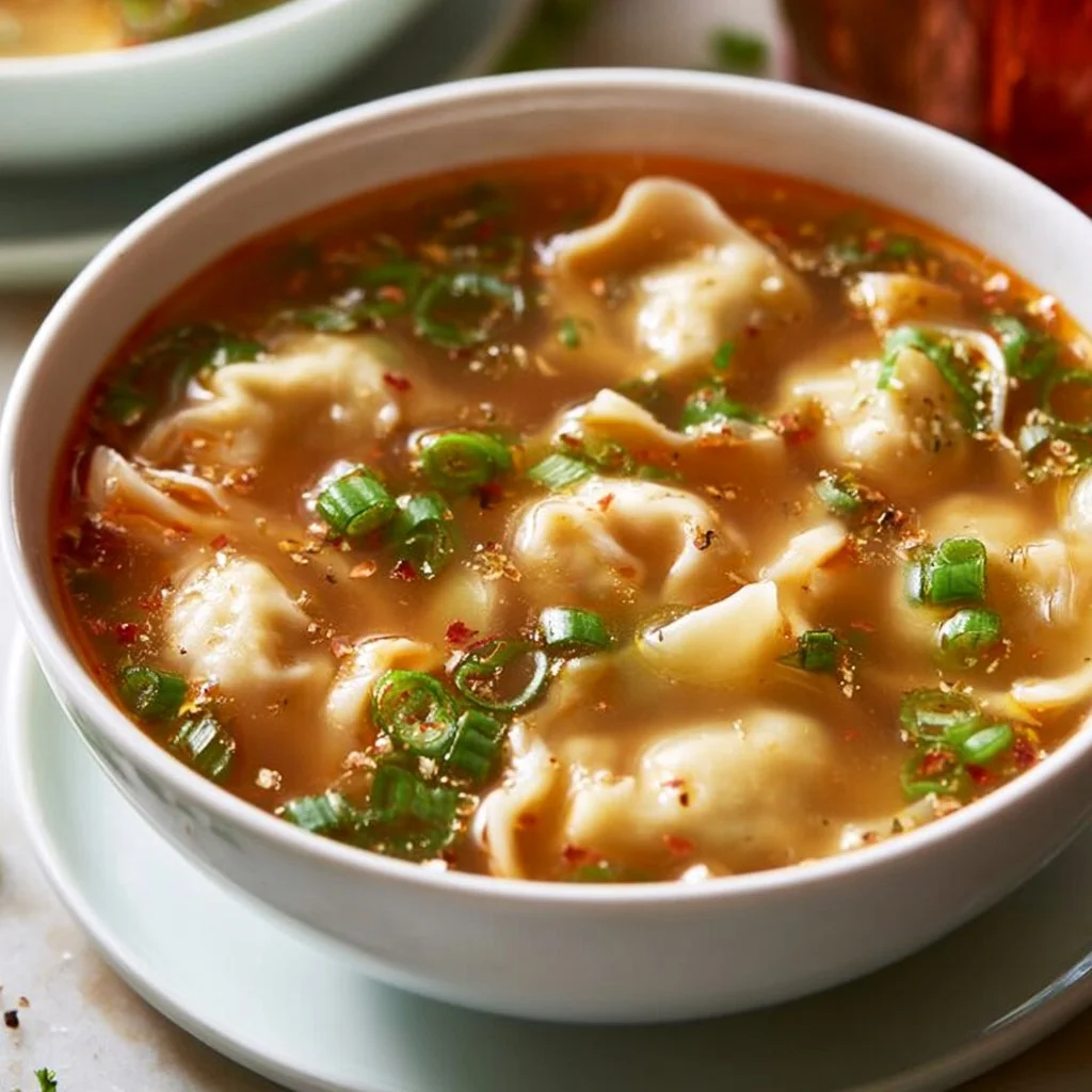 Bowl of easy dumpling soup with fresh ingredients and herbs