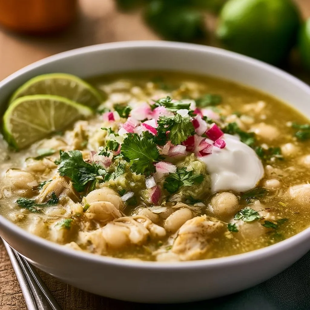 Delicious bowl of easy green pozole with chicken garnished with radishes and cilantro.