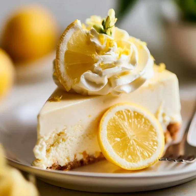 Easy no bake lemon cheesecake topped with lemon slices on a white plate