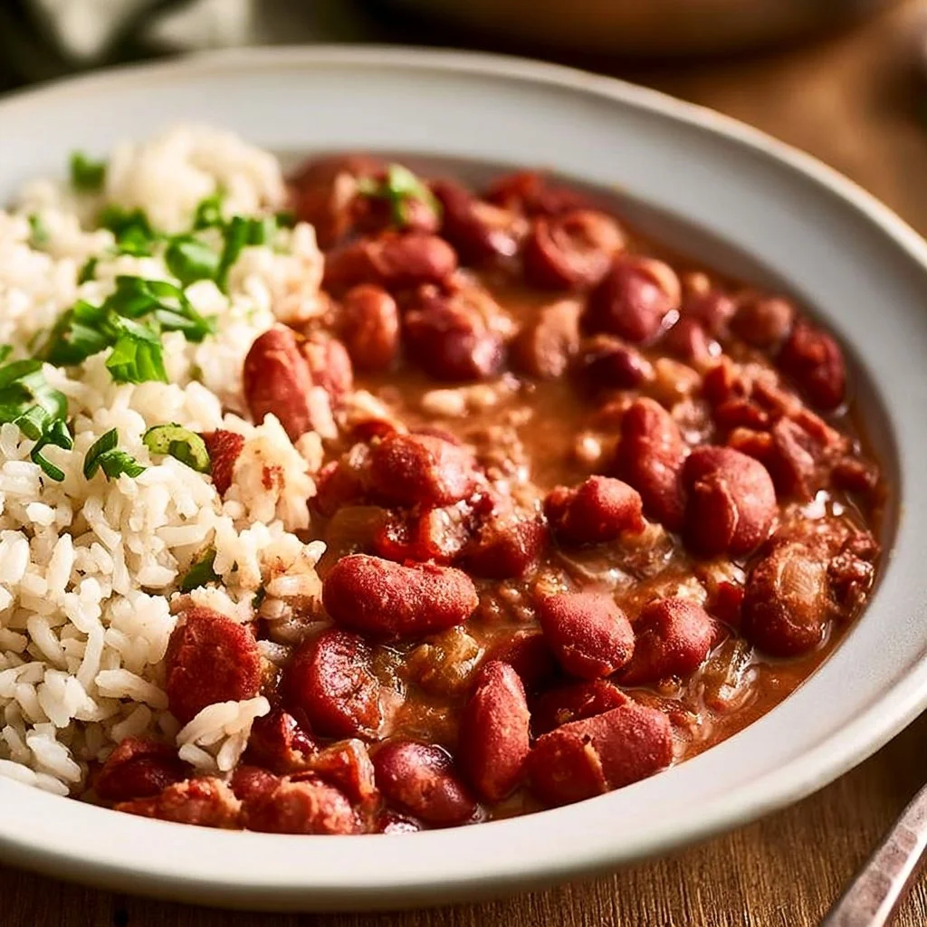 Delicious plate of easy red beans and rice garnished with herbs