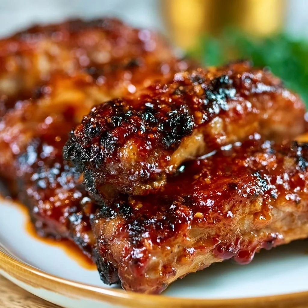 Delicious slow cooker pork spare ribs served with BBQ sauce.