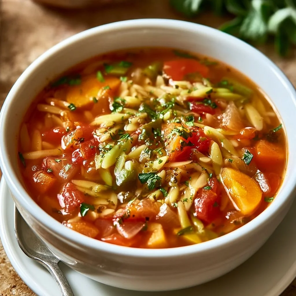 Bowl of easy vegetable orzo soup with fresh vegetables and orzo pasta