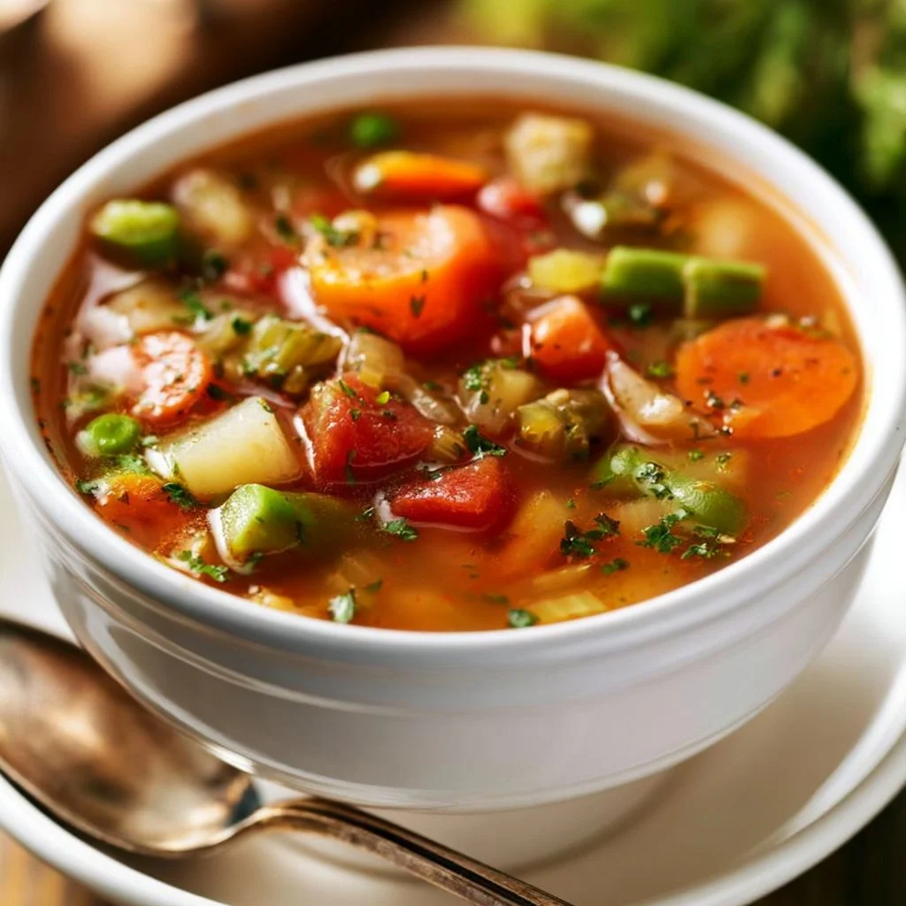 Bowl of easy vegetable soup made with fresh vegetables and herbs.