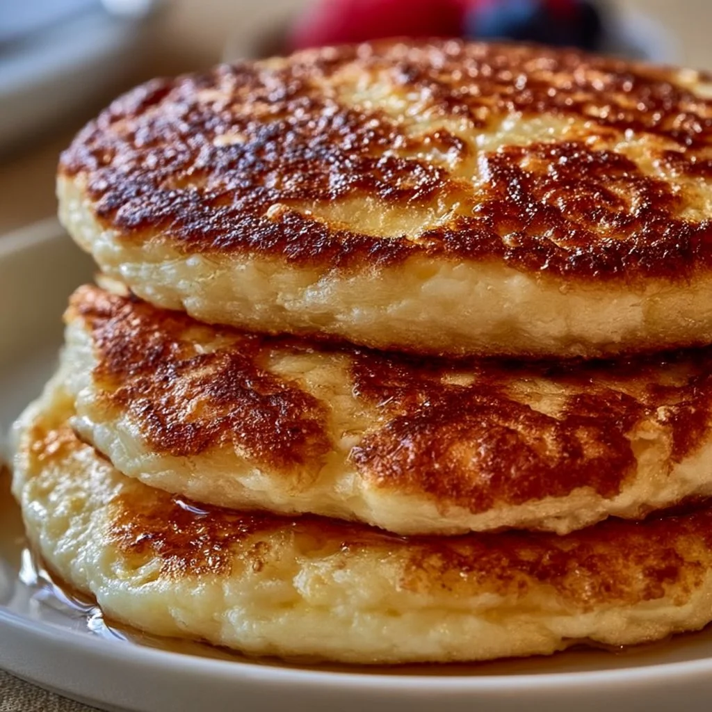 Fluffy cottage cheese pancakes stacked on a plate, garnished with fresh fruit.