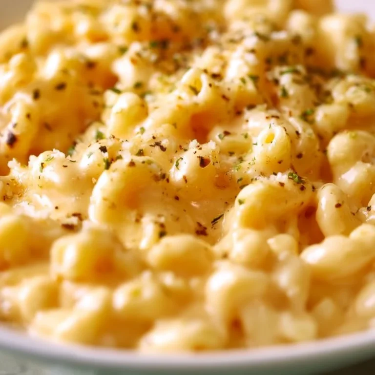 Creamy four cheese mac and cheese served in a bowl with a crispy topping