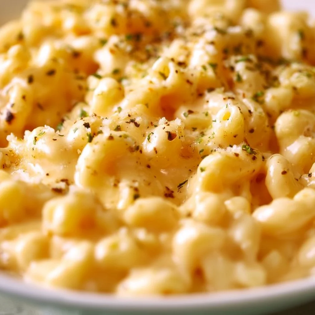 Creamy four cheese mac and cheese served in a bowl with a crispy topping