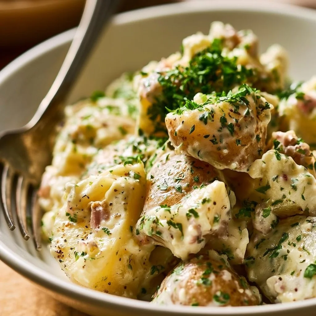 Delicious French-inspired potato salad served in a stylish bowl