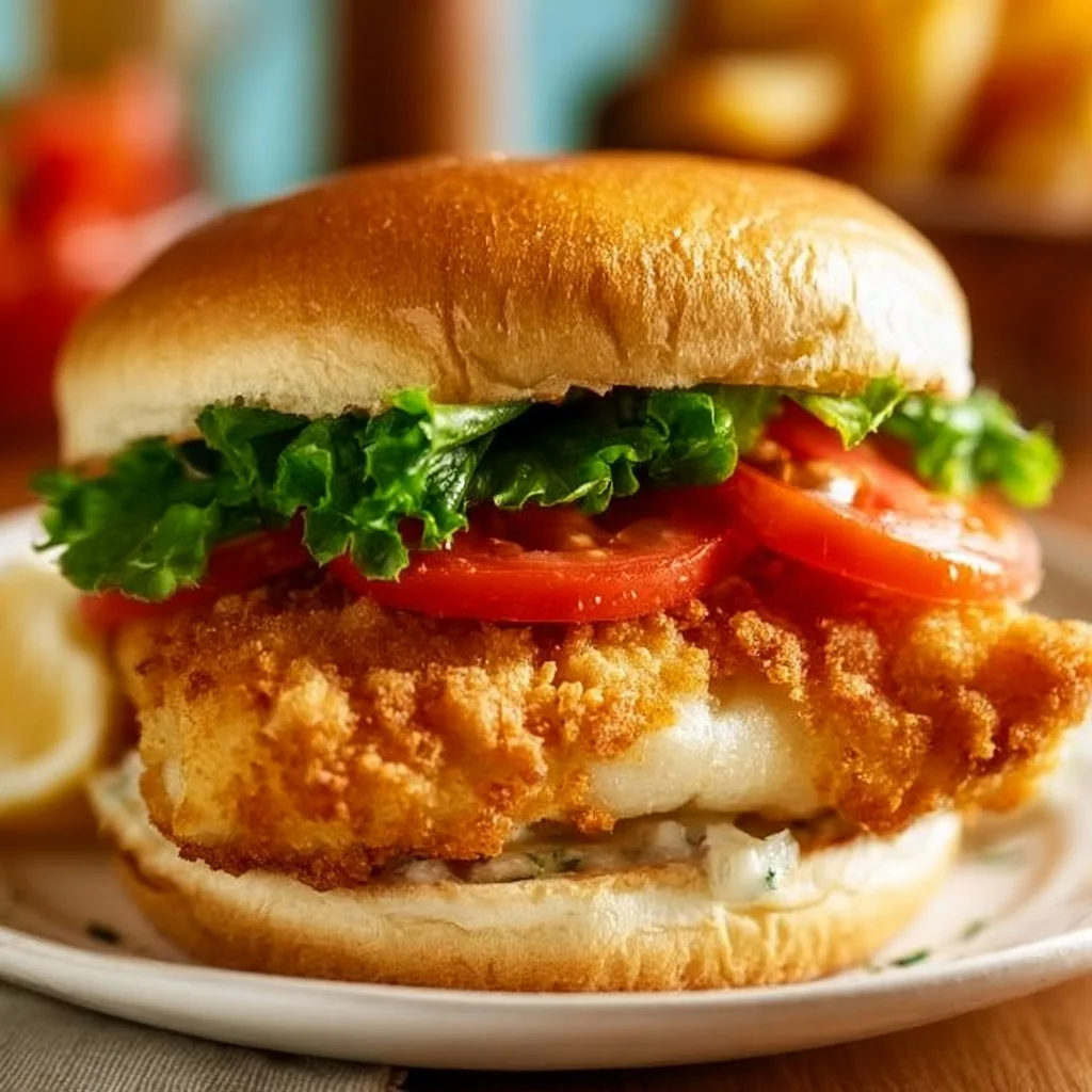 Delicious fried cod fish sandwich with crispy cod and fresh toppings