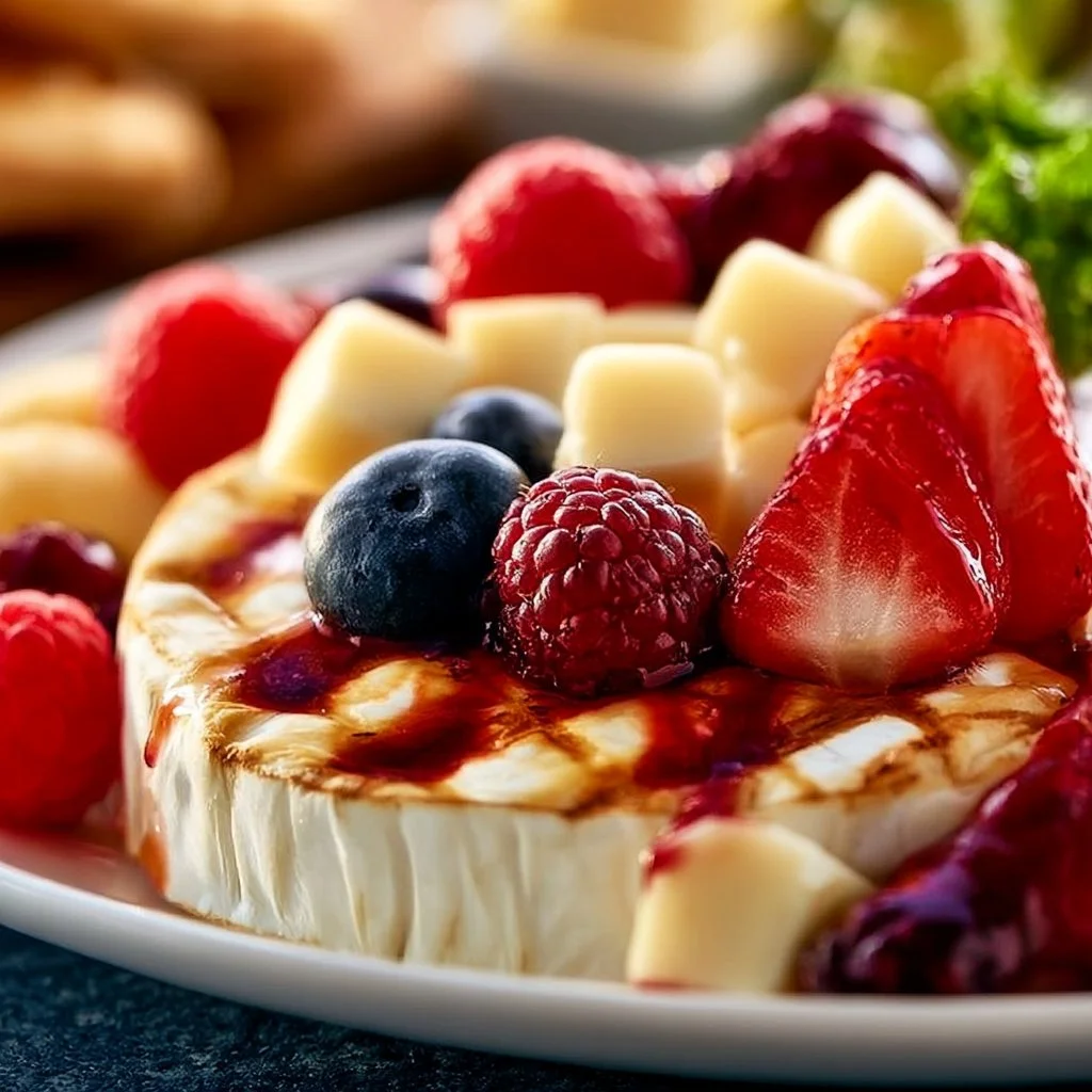 Delicious fruit cheese dessert board featuring a variety of cheeses and fresh fruits.