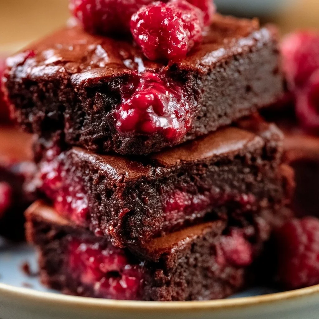 Fudgy raspberry brownies topped with fresh raspberries and chocolate glaze.