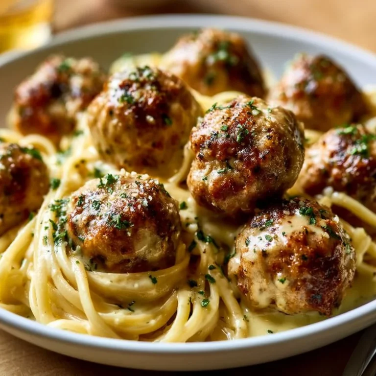 Delicious garlic butter meatballs served with creamy parmesan linguine